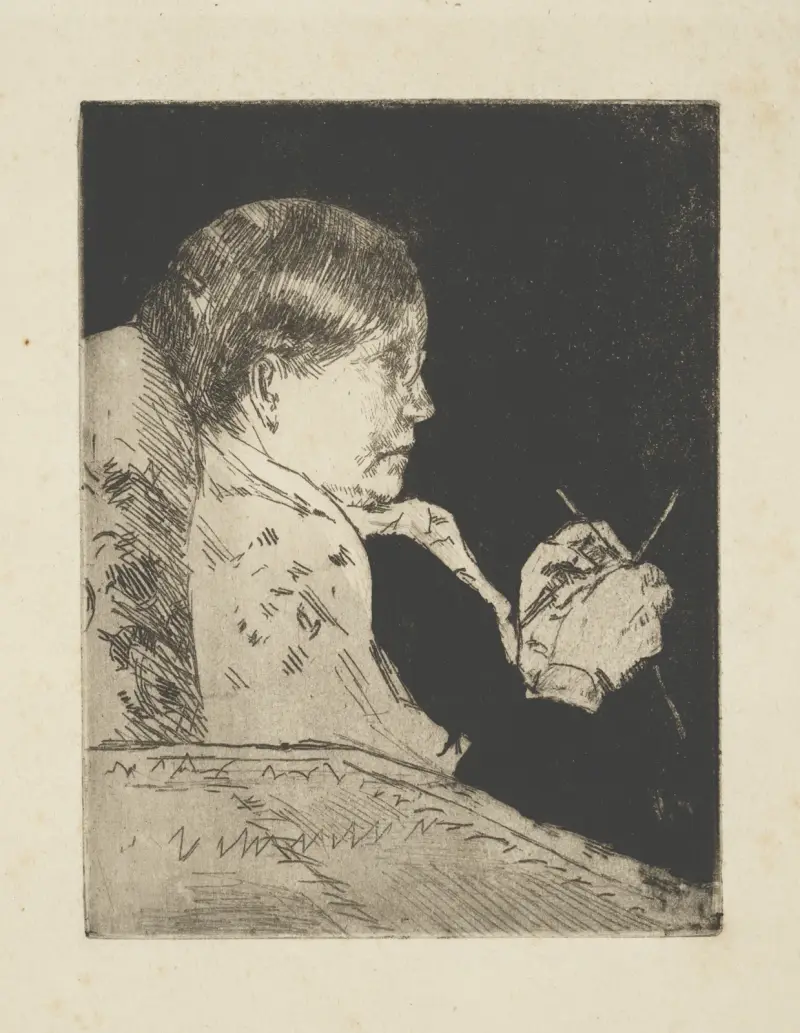 Mrs. Cassatt knitting, profile view av Mary Cassatt