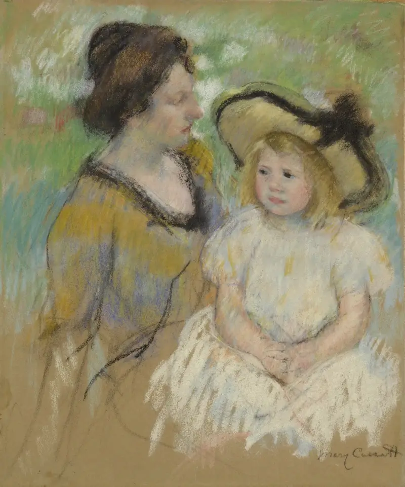 Simone sittande på gräset bredvid sin mor av Mary Cassatt