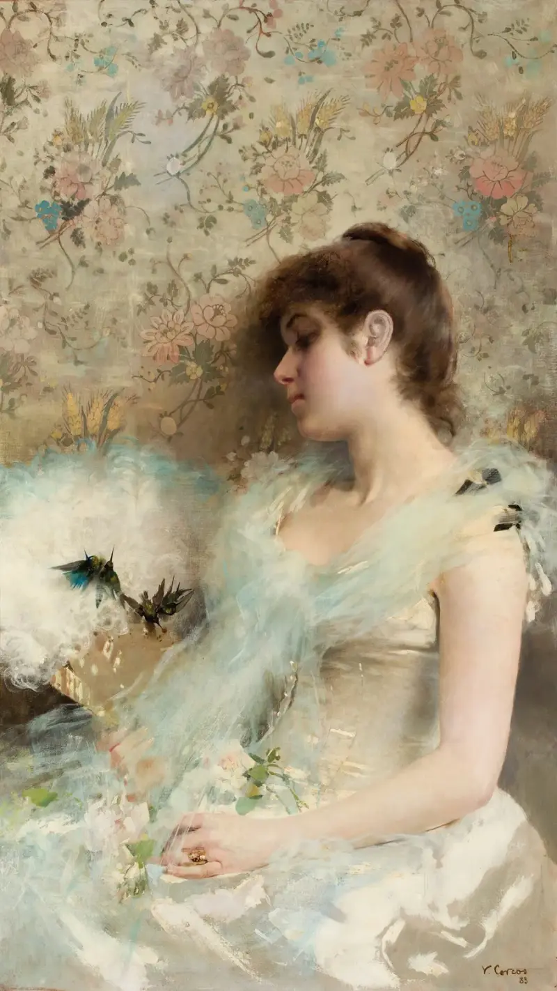 Girl with hummingbirds av Vittorio Matteo Corcos