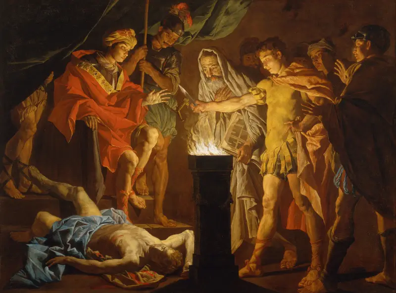 Mucius Scaevola inför Lars Porsenna av Matthias Stom