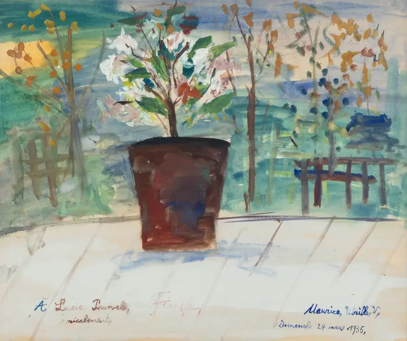 Blomkruka mot landskapsbakgrund av Maurice Utrillo