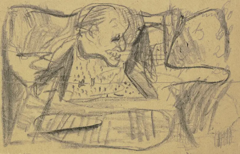 Abstrakt krakelteckning på två sidor av ett fältpostkort; ett manshuvud av Max Beckmann