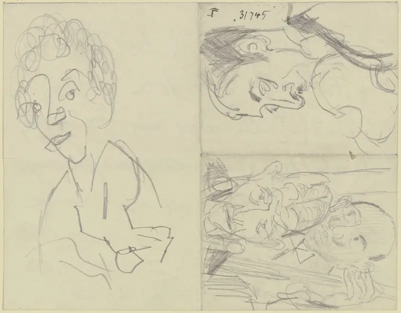 Frauenkopf, ein Geiger, zwei Bassisten (Drei verschiedene Skizzen auf einem durch Faltung in vier Felder unterteilten Papierbogen) von Max Beckmann
