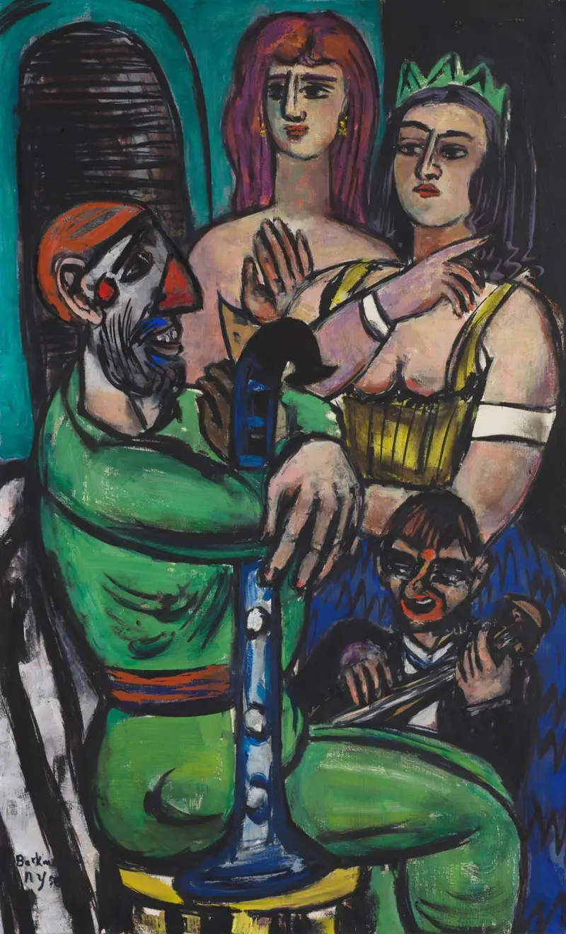 Stor clown med kvinnor och liten clown av Max Beckmann