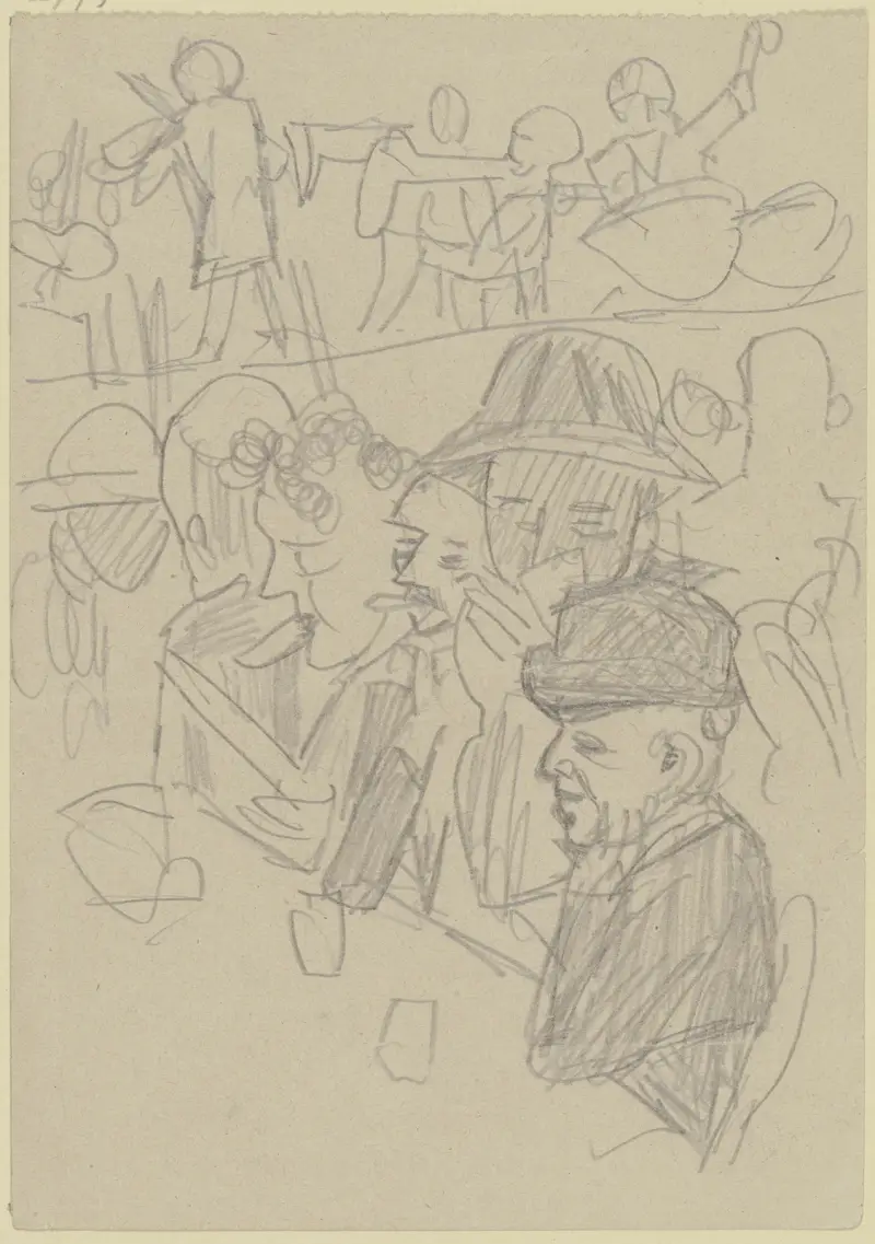 Män vid ett bord med glas, i bakgrunden en musikkår av Max Beckmann