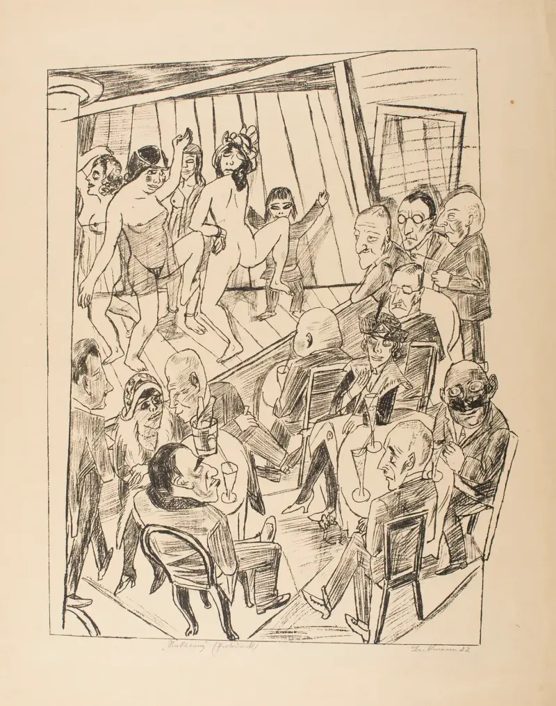 Striptease, plansch 4 ur serien ”Resa till Berlin 1922” av Max Beckmann