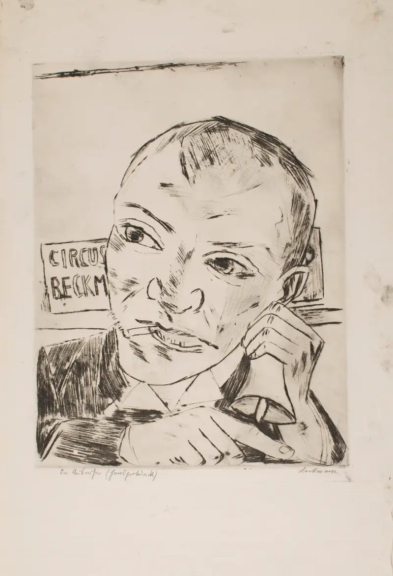 Karusellutroparen (självporträtt), plansch 1 ur portföljen ”Årliga marknaden” av Max Beckmann