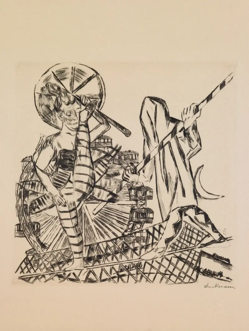 Lindansarna, blad 8 ur portföljen ”Årliga marknaden”, 1921 – nr 1 av Max Beckmann