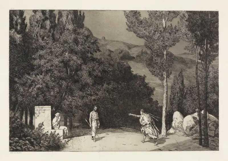 Pyramus und Thisbe III (Rettungen Ovidischer Opfer, Opus II, Blatt 4) av Max Klinger