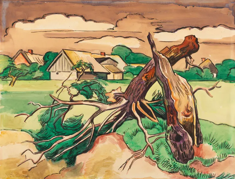 Trasigt träd framför ett pomeranskt bylandskap av Hermann Max Pechstein