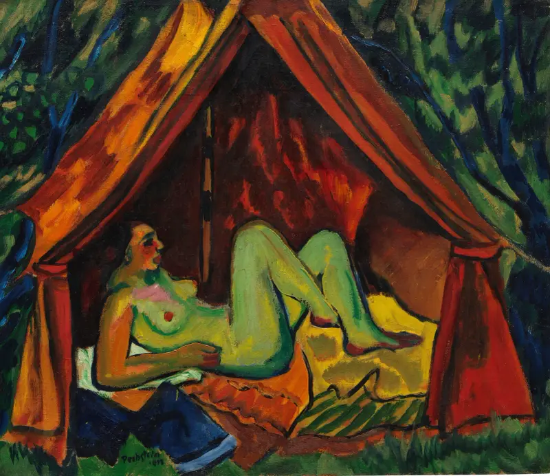 Rött tält med kvinnlig nakenmodell – Danaë av Hermann Max Pechstein