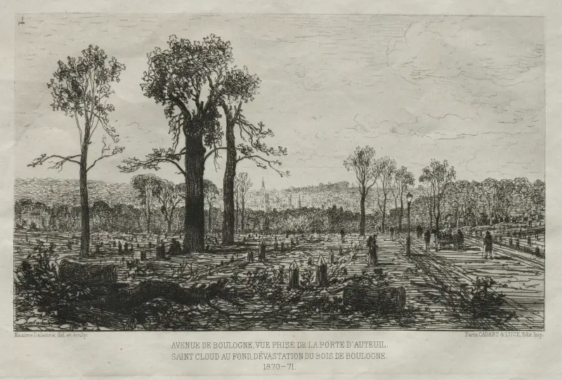 Avenue de Boulogne, Blick von der Porte d’Auteuil, Saint-Cloud im Hintergrund, Verwüstung des Bois de Boulogne von Maxime Lalanne
