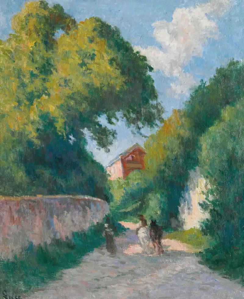 Omgivningarna kring Rolleboise, återkomsten till gården av Maximilien Luce