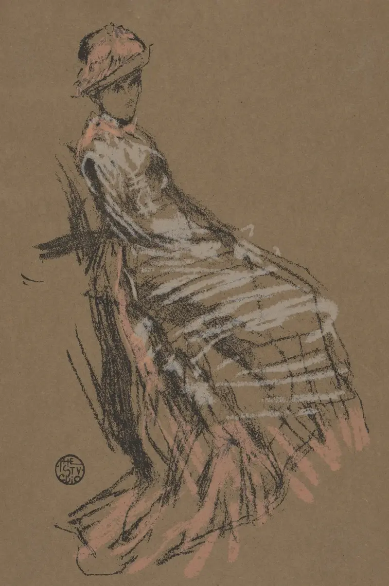 Sittande kvinna i rosa och vitt, bärande hatt av James Abbott McNeill Whistler