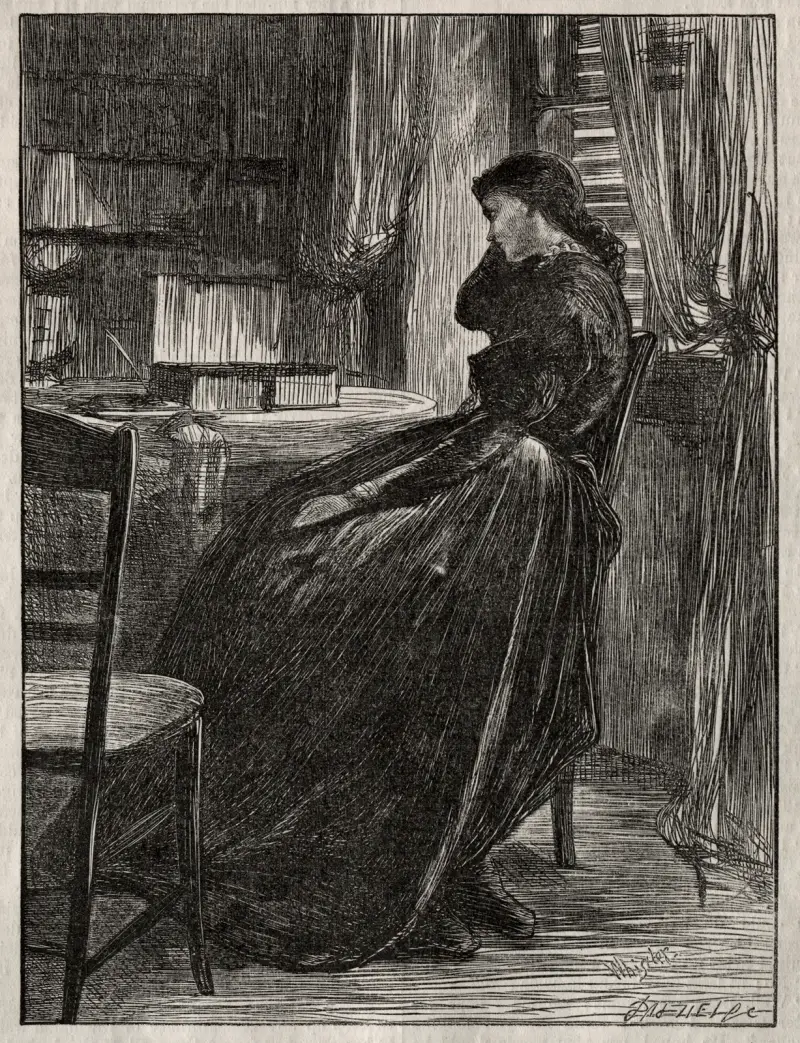 Die Probepredigt, Joanna Douglas an ihrem Schreibtisch von James Abbott McNeill Whistler