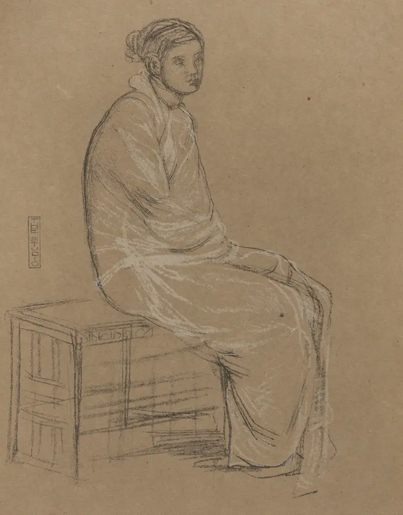 Kvinna sittande på bänk, svept i vit dräkt av James Abbott McNeill Whistler