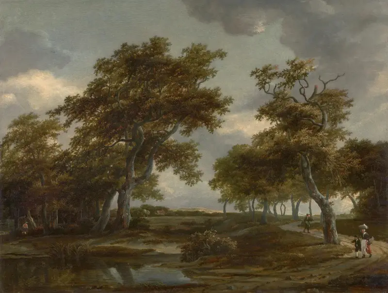 Bewaldete Flusslandschaft mit Figuren auf einem Weg von Meindert Hobbema