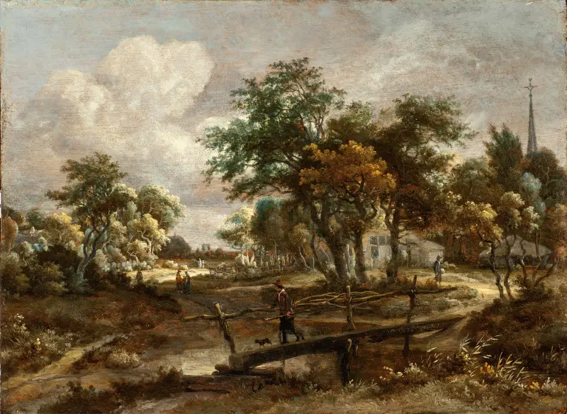 Landschaft mit einer Fußgängerbrücke von Meindert Hobbema