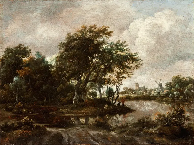 Landschaft mit Anglern und einer fernen Stadt von Meindert Hobbema