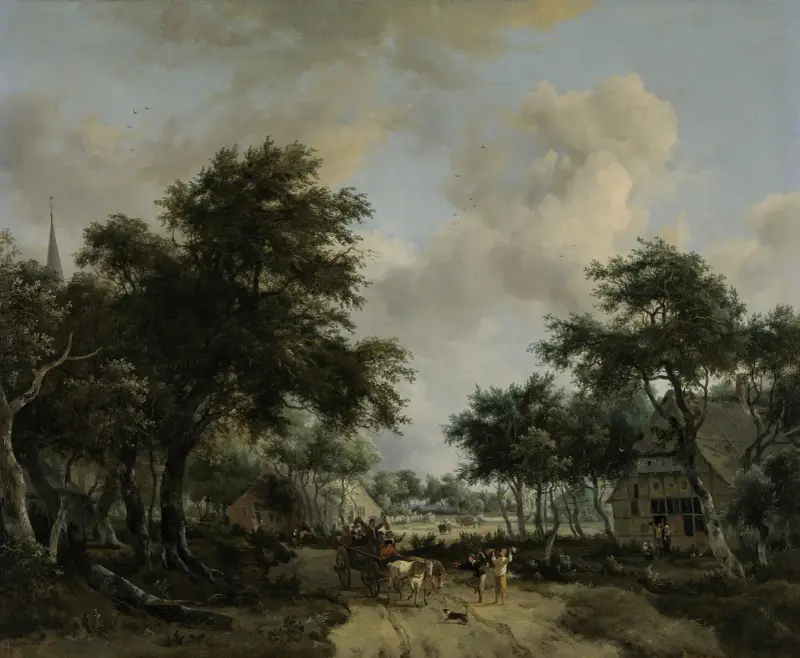 Waldlandschaft mit fröhlichen Menschen in einem Karren von Meindert Hobbema