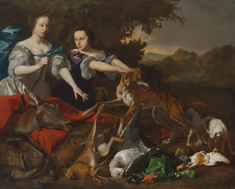 Porträtt av en dam som gudinnan Diana och hennes följeslagare, med jaktens byte av Melchior d'Hondecoeter