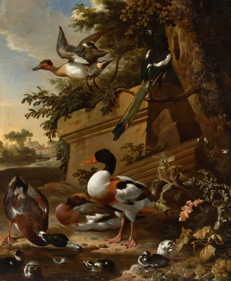 Sheldrakeänder och ällingar med en skata i en trädgård, en by bortom av Melchior d'Hondecoeter