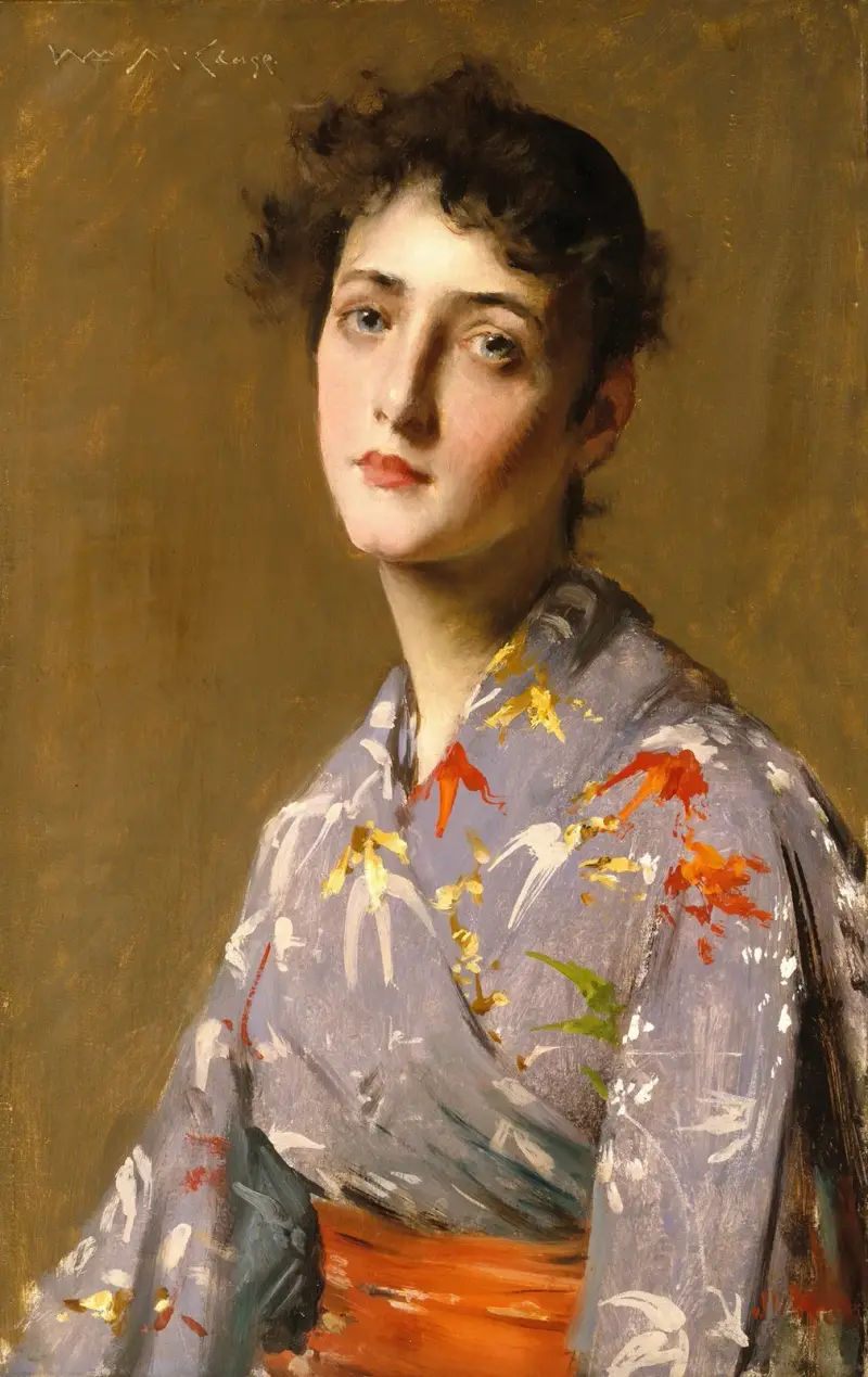 Flicka i japansk dräkt av William Merritt Chase