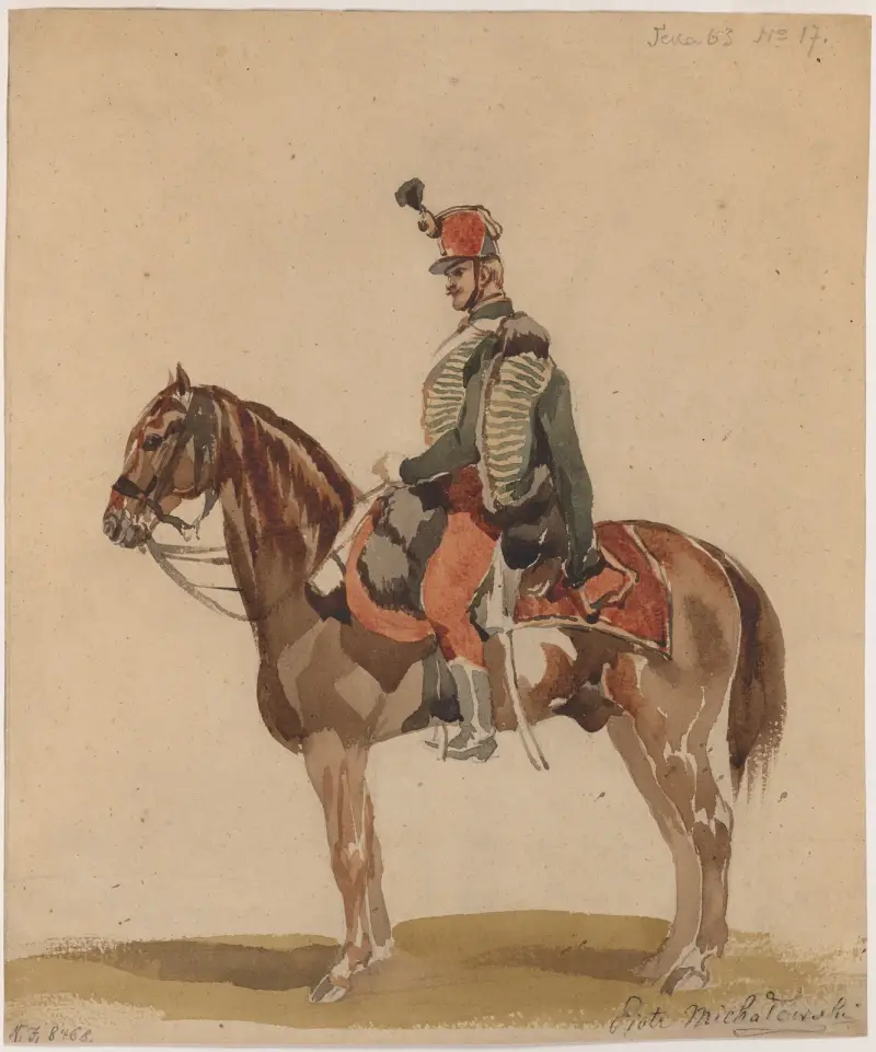 Austrian Hussar on a bay horse av Piotr Michałowski