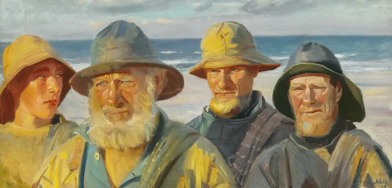 Fire fiskere i solskin på Skagen Strand av Michael Ancher