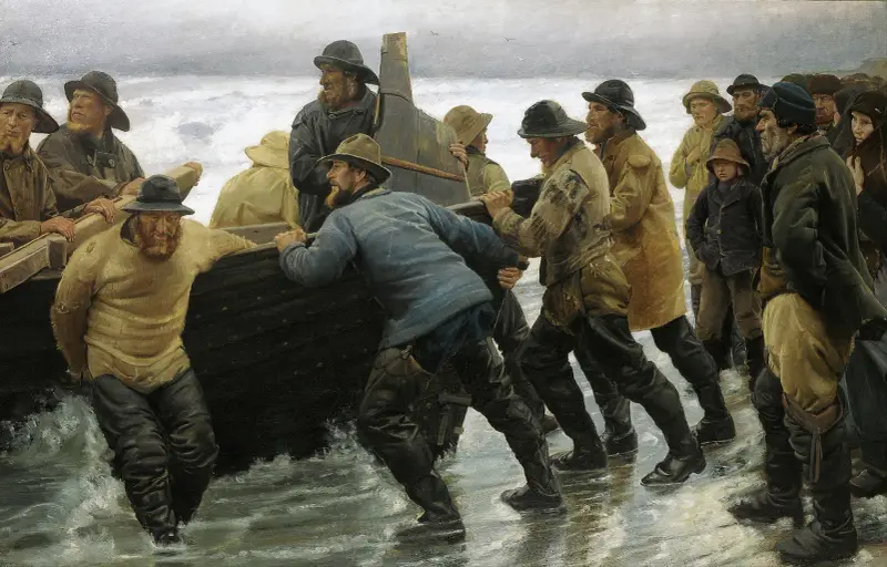 Rybacy spuszczający łódź wiosłową, Michael Ancher