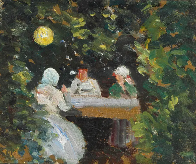 Komsammen i haven en sommeraften under lampen av Michael Ancher