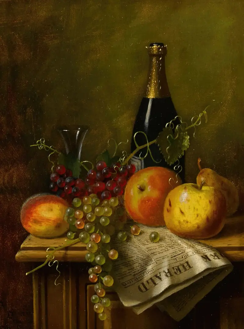 Stilleben med frukt, champagneflaska och tidning av William Michael Harnett