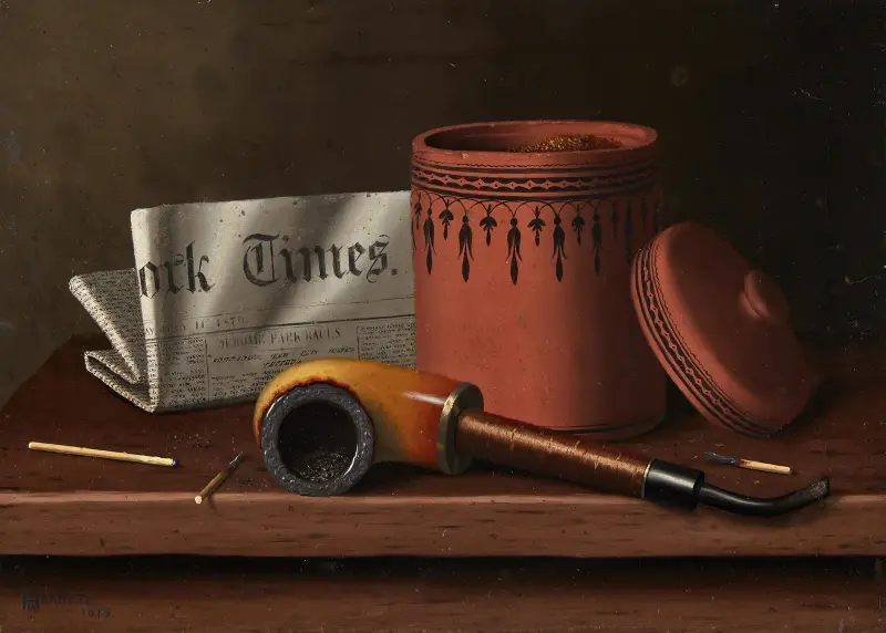 Stilleben med New York Times, tobaksburk, pipa och tändstickor av William Michael Harnett