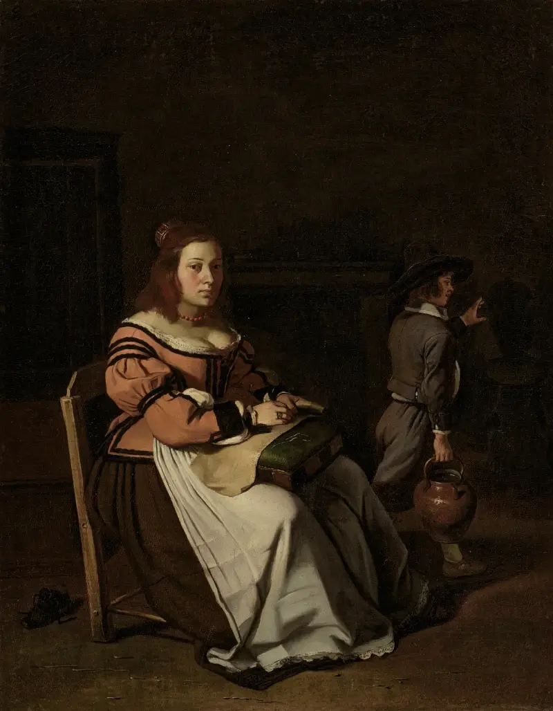 Eine Dame, die im Interieur Spitze näht von Michael Sweerts