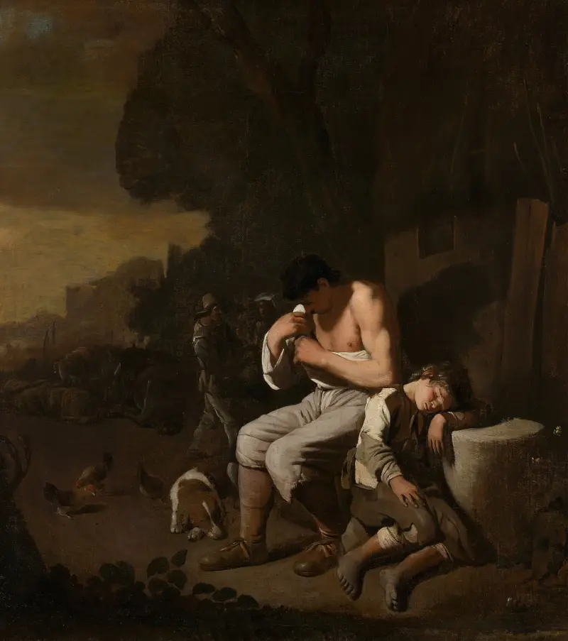 Ein schlafender Junge und ein Mann, der sich Flöhe absammelt von Michael Sweerts