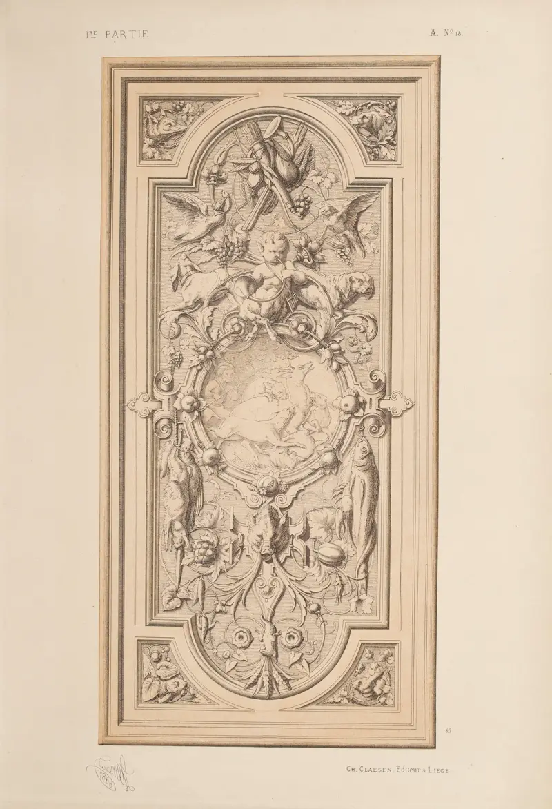 Geschnitztes Holzpanel, Motive der Jagd und des Fischfangs von Michel Liénard