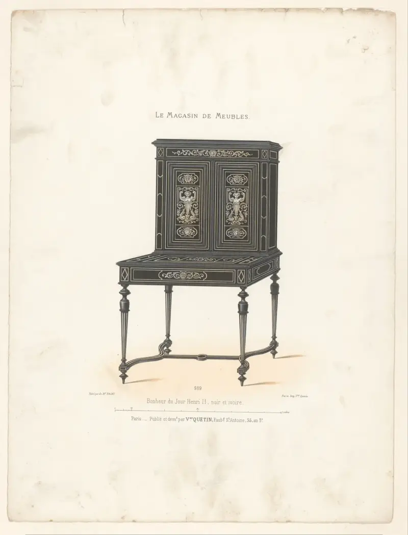 Bonheur du jour i Henrik II-stil, svart och elfenben av Victor Léon Michel Quétin