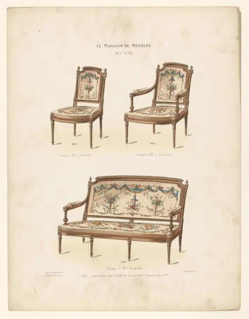 Chaise L. XVI à Gaudrons ; Fauteuil L. XVI à Gaudrons ; Canapé L. XVI à Gaudrons von Victor Léon Michel Quétin