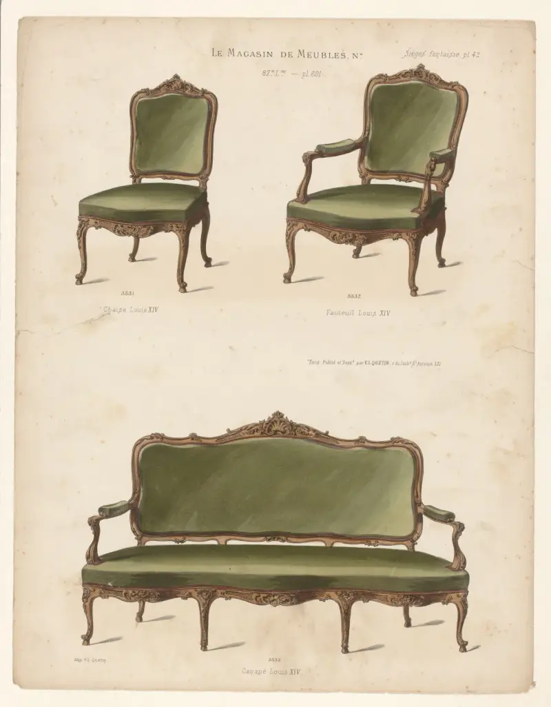 Stol i Ludvig XIV-stil ; Fåtölj i Ludvig XIV-stil ; Soffa i Ludvig XIV-stil av Victor Léon Michel Quétin