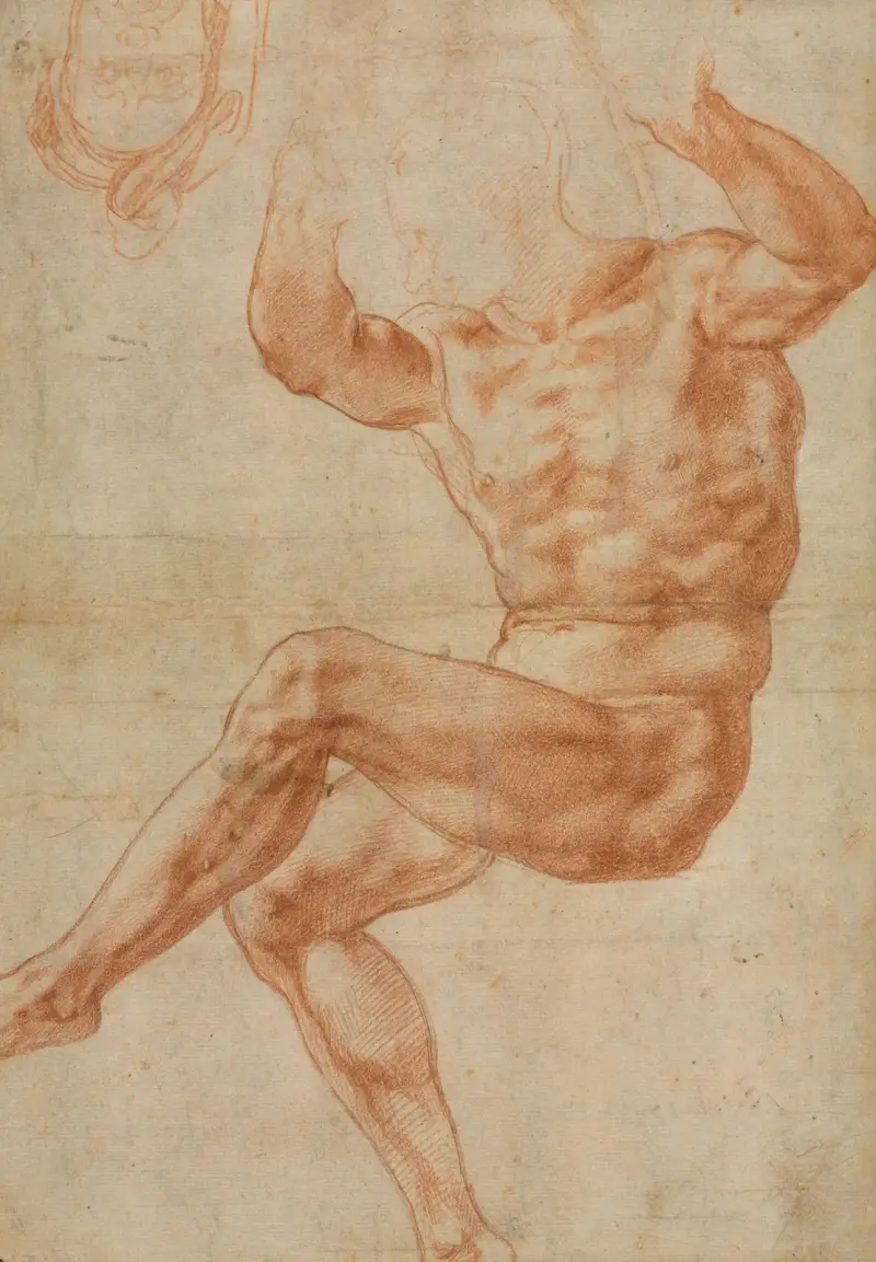 Studie till den nakna ynglingen ovanför profeten Daniel (framst sida) av Michelangelo