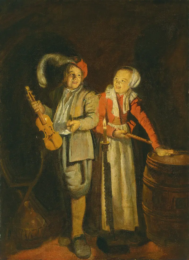 A boy and a girl playing music by candlelight av Jan Miense Molenaer