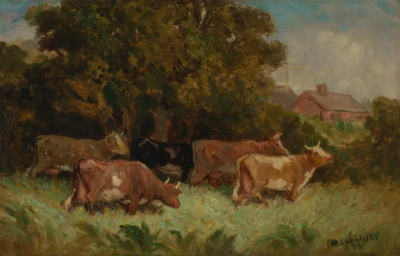 Untitled (five cows in pasture, rooftop in background), 1894 – nr 2 av Edward Mitchell Bannister