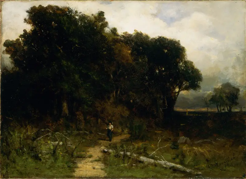Untitled (landscape, woodcutter on path), 1879 av Edward Mitchell Bannister