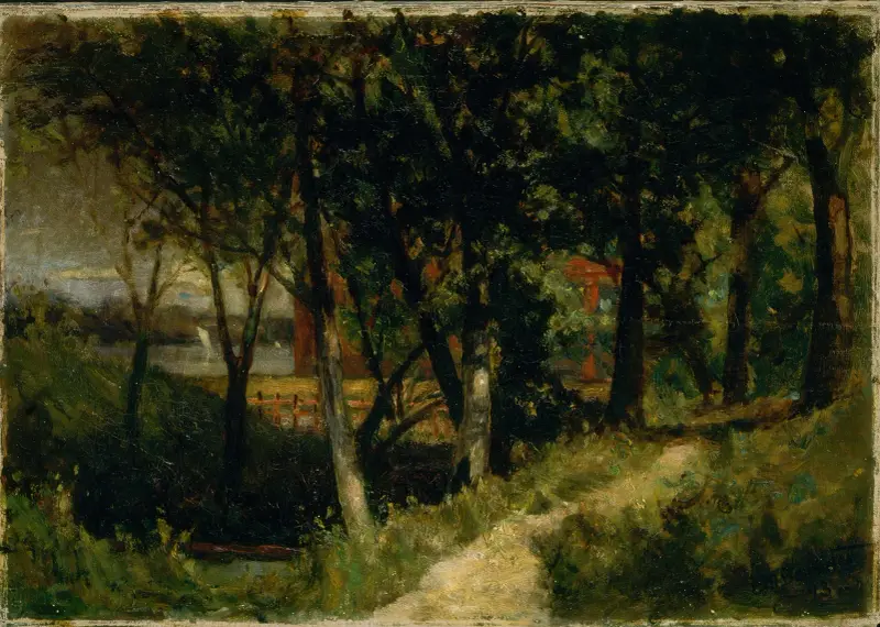 Untitled (landscape, forest scene with red fence and building), 1893 av Edward Mitchell Bannister