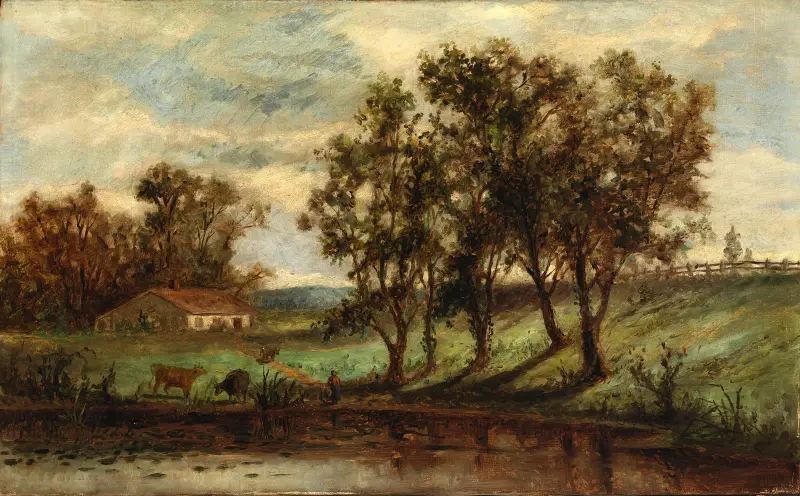Bez názvu (muž s krávami pasoucími se u rybníka s domem a stromy v pozadí) – Nr. 2, Edward Mitchell Bannister