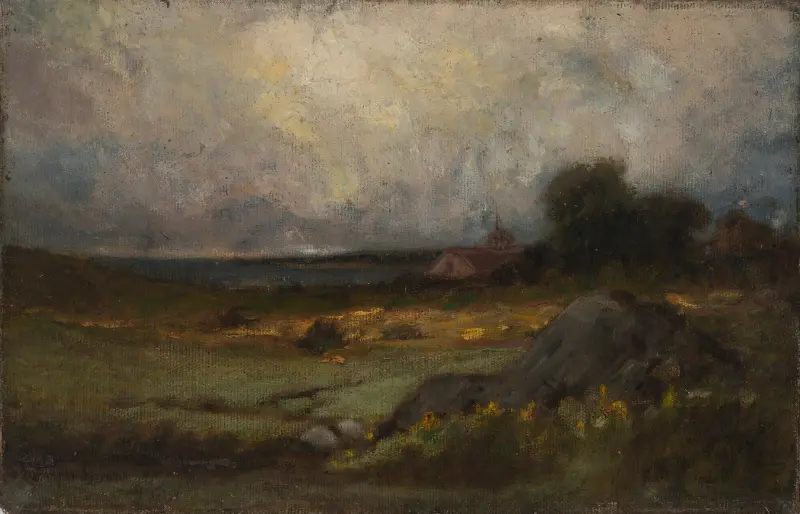 Untitled (landscape with rock in foreground and roof with steeple, lake in background) – nr 3 av Edward Mitchell Bannister