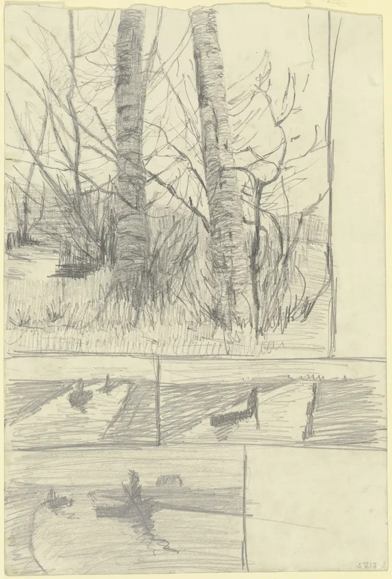 Birkenstämme; Drei Studien eines Moorkanals mit Kähnen von Paula Modersohn-Becker