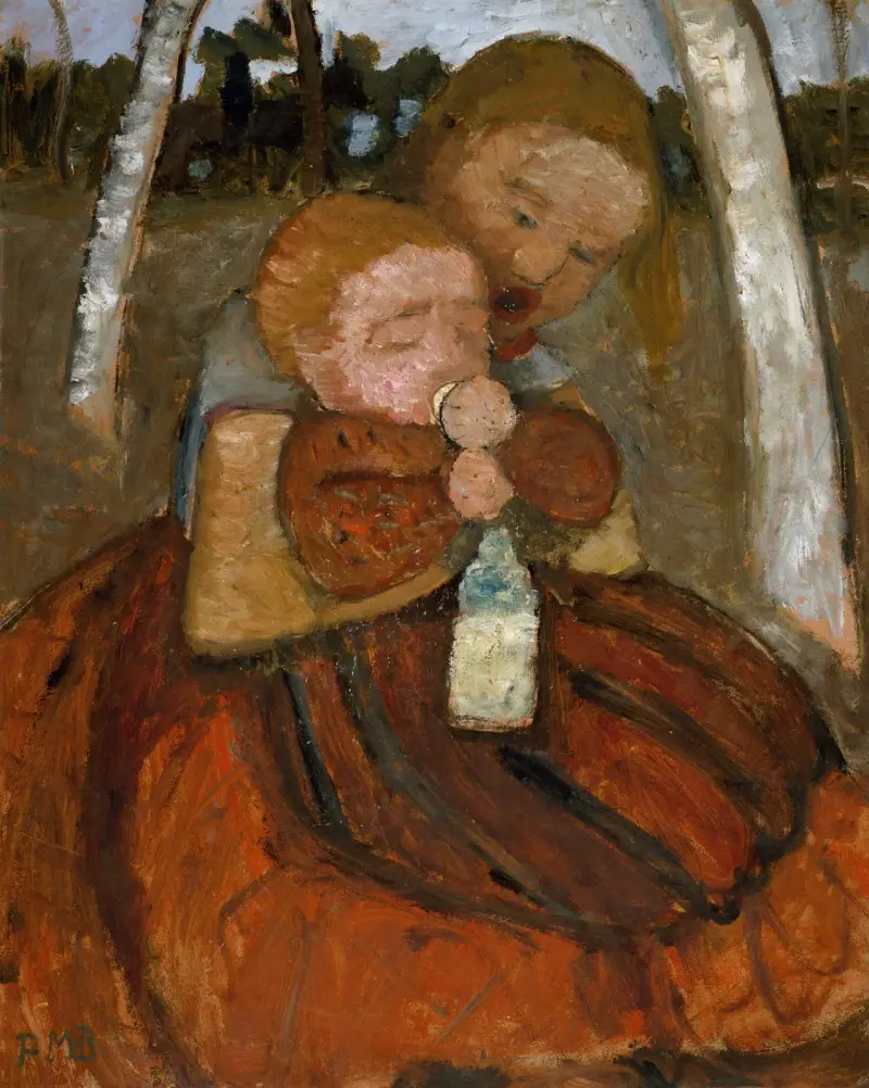 Flicka med baby bland björkar av Paula Modersohn-Becker