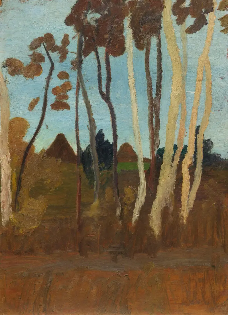 Landskap med björkar, i bakgrunden två husgavlar av Paula Modersohn-Becker