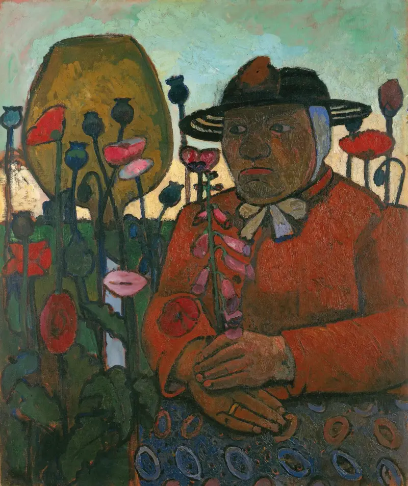 Gammal fattig kvinna med glaskula och vallmor av Paula Modersohn-Becker